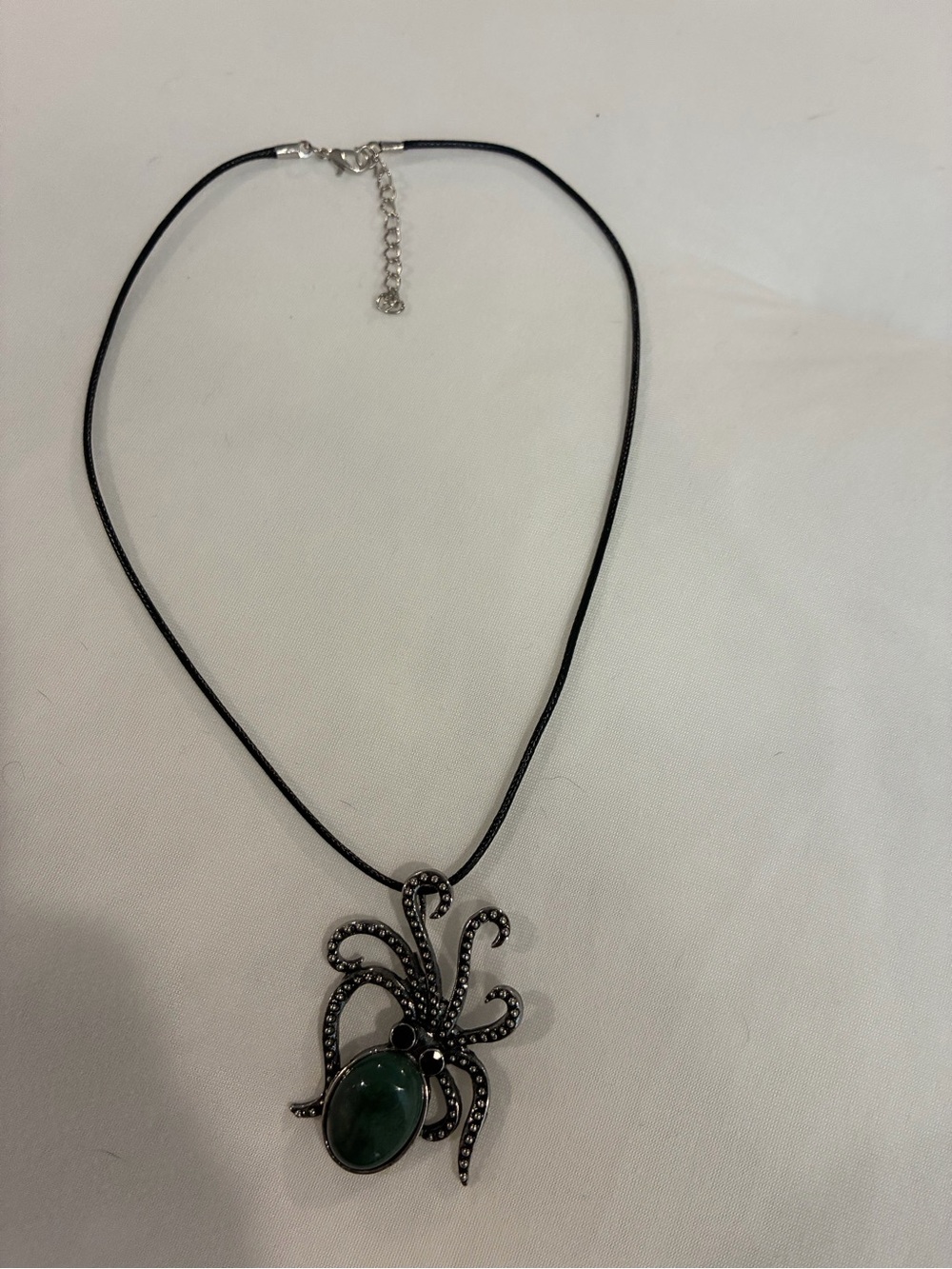 Women’s Black Cord Necklace with Green Natural Stone Octopus Pendant